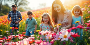  Family enjoying a colourful flower field together.