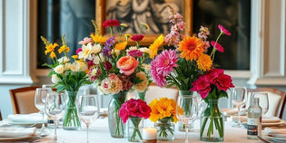  Colourful flowers on a dining table with elegant decor.