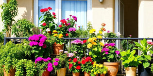  A balcony adorned with various plants and flowers.