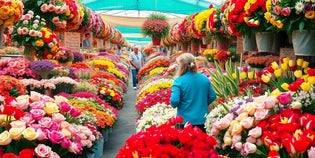  Colourful flower market filled with fresh blooms and stalls.